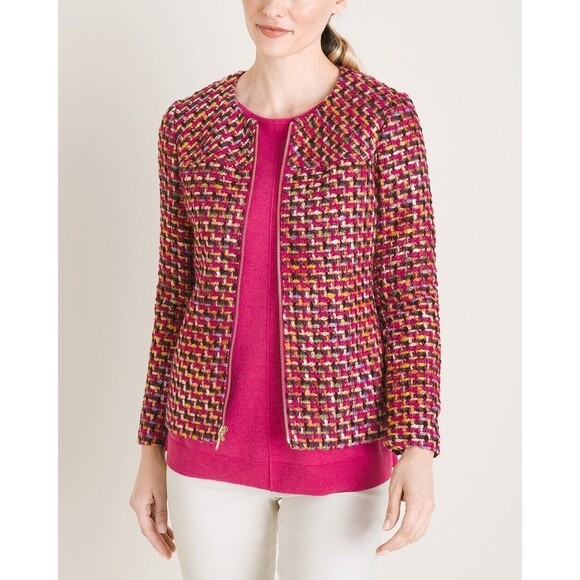Chicos Jacket Women's Tweed Blazer Full Zip Front Pink Multi Lined Sz 2 US 12/14 - Picture 3 of 9